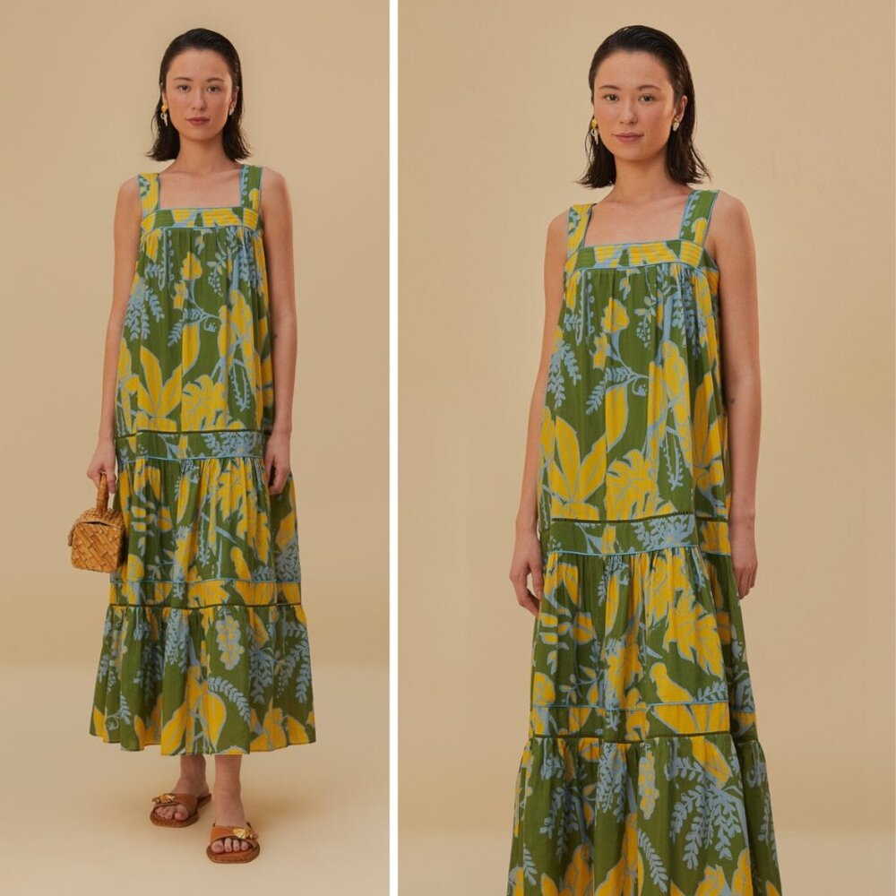FARM Rio Green and Yellow Tropical-Print Maxi Dress